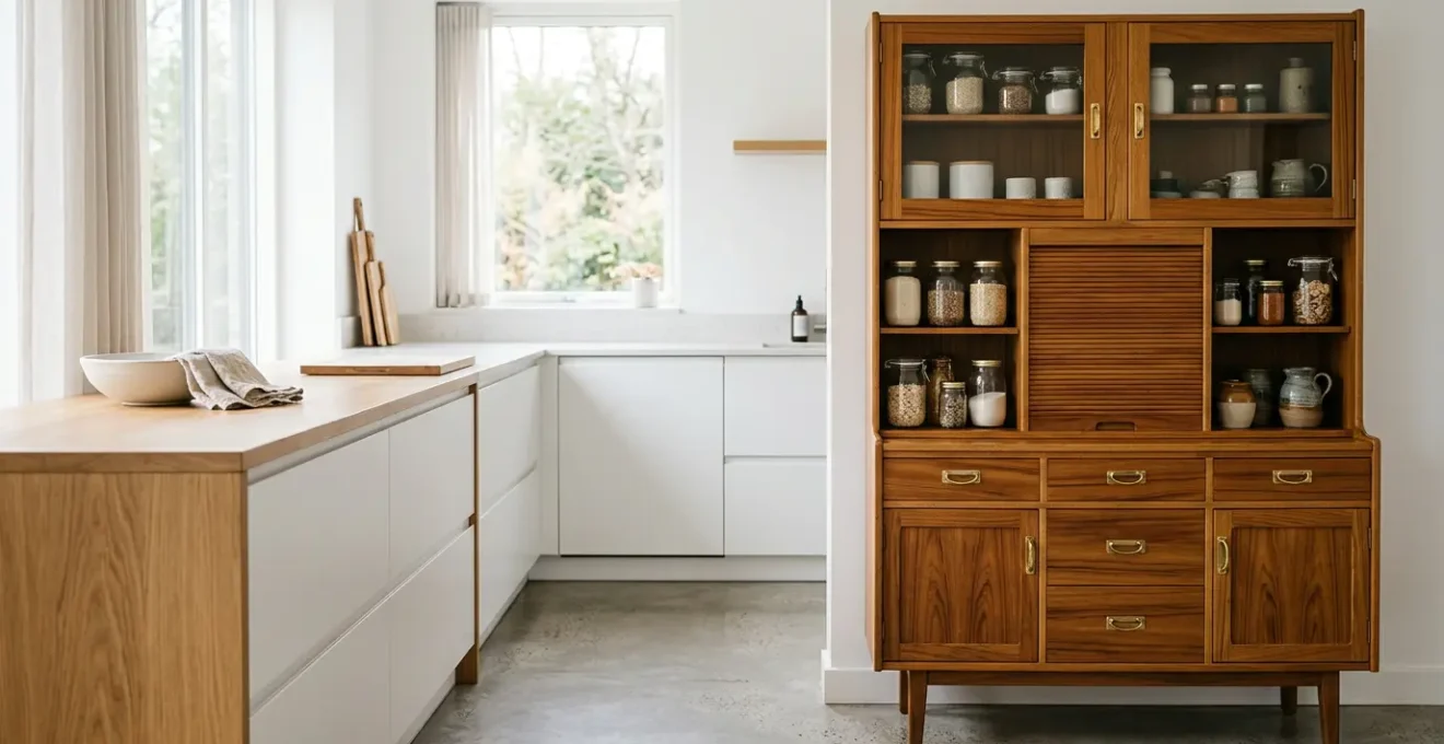 Vintage 1950s larder cupboard with brass hardware and natural wood grain in modern kitchen setting