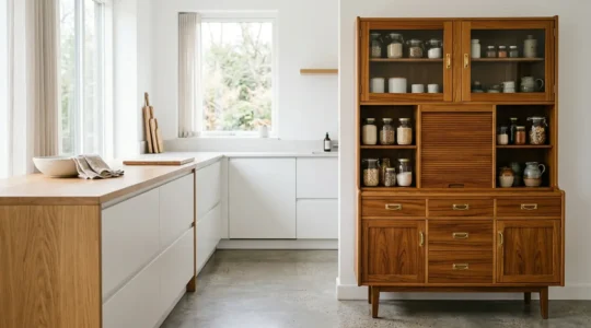 Vintage 1950s larder cupboard with brass hardware and natural wood grain in modern kitchen setting