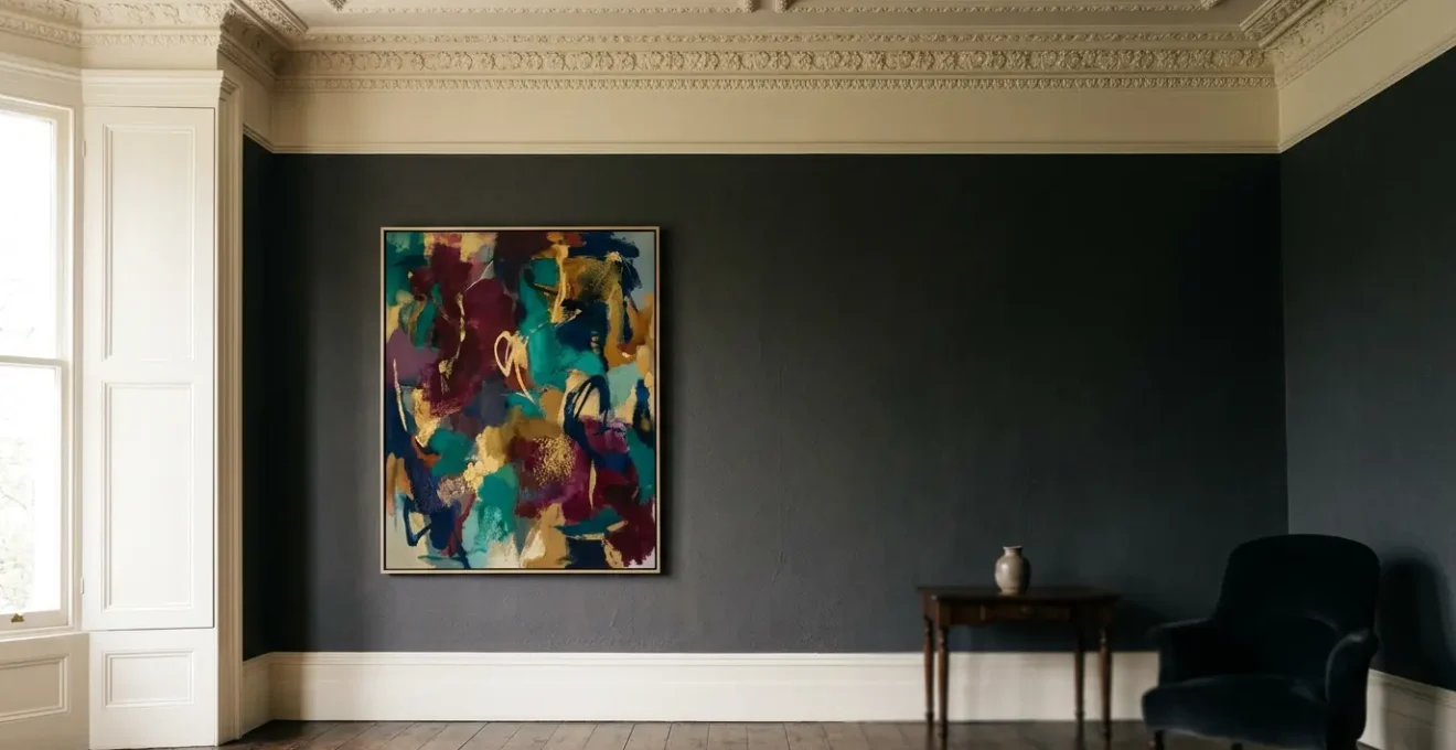 Contemporary abstract artwork displayed elegantly within ornate Victorian interior architecture creating visual harmony between modern and traditional elements