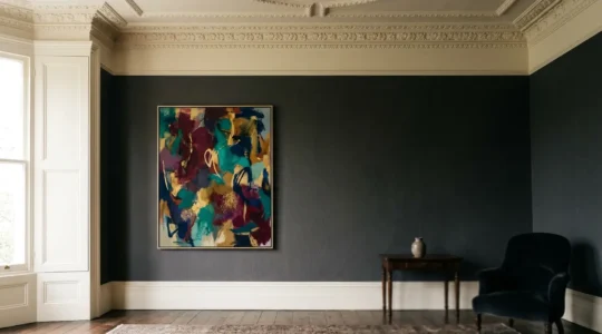 Contemporary abstract artwork displayed elegantly within ornate Victorian interior architecture creating visual harmony between modern and traditional elements