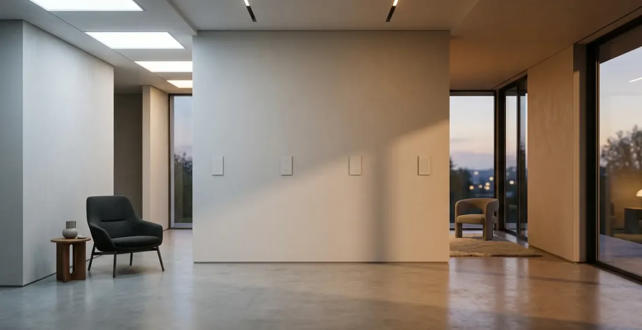 Modern interior showing automated smart dimmer lighting transitioning through circadian color temperatures from cool daylight to warm evening ambiance