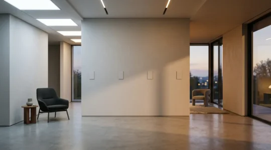 Modern interior showing automated smart dimmer lighting transitioning through circadian color temperatures from cool daylight to warm evening ambiance