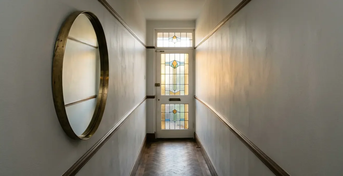 Elegant brass-framed mirror positioned on a dark hallway wall reflecting natural light from a front door, brightening a 1930s UK semi-detached home corridor