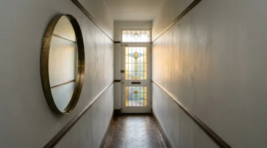 Elegant brass-framed mirror positioned on a dark hallway wall reflecting natural light from a front door, brightening a 1930s UK semi-detached home corridor