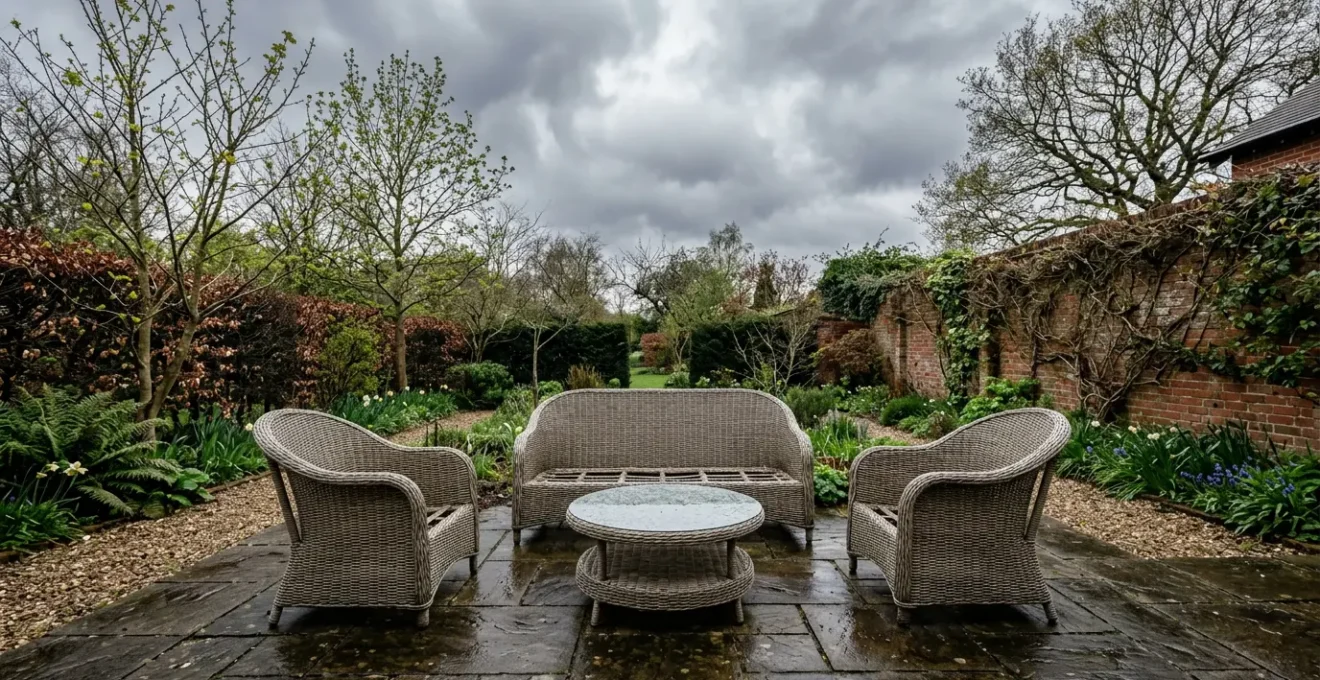 Well-maintained rattan garden furniture set on a British patio after winter, showing natural weathering and resilience