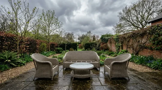 Well-maintained rattan garden furniture set on a British patio after winter, showing natural weathering and resilience