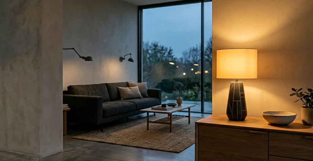 Modern living room with layered lighting design showing warm and cool light sources at different times of day