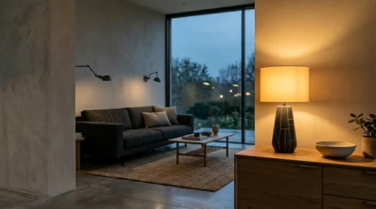 Modern living room with layered lighting design showing warm and cool light sources at different times of day