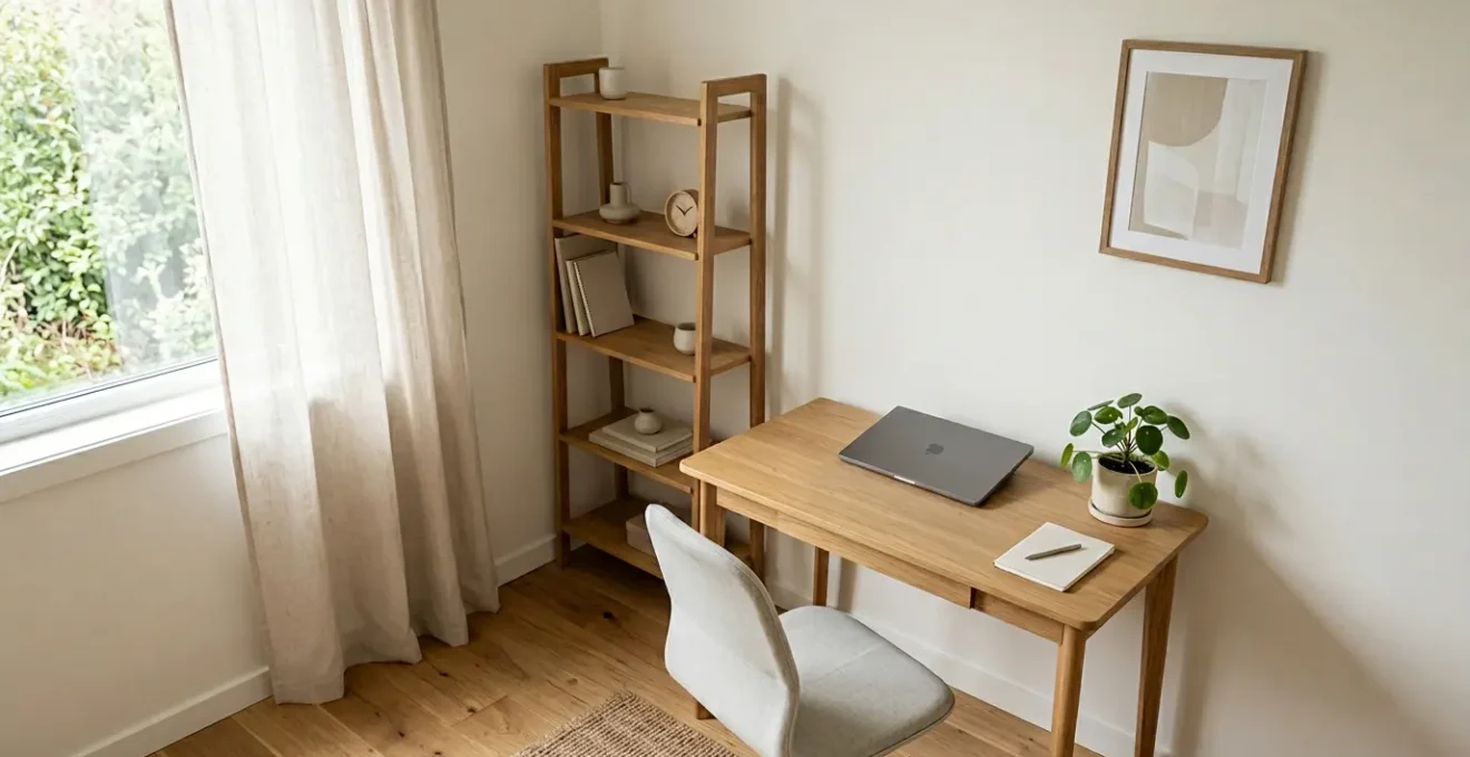 Elegant home office setup in a small 12 square meter spare room with minimalist desk, ergonomic chair and natural light