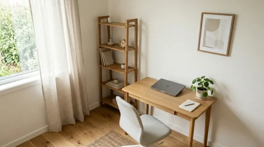 Elegant home office setup in a small 12 square meter spare room with minimalist desk, ergonomic chair and natural light