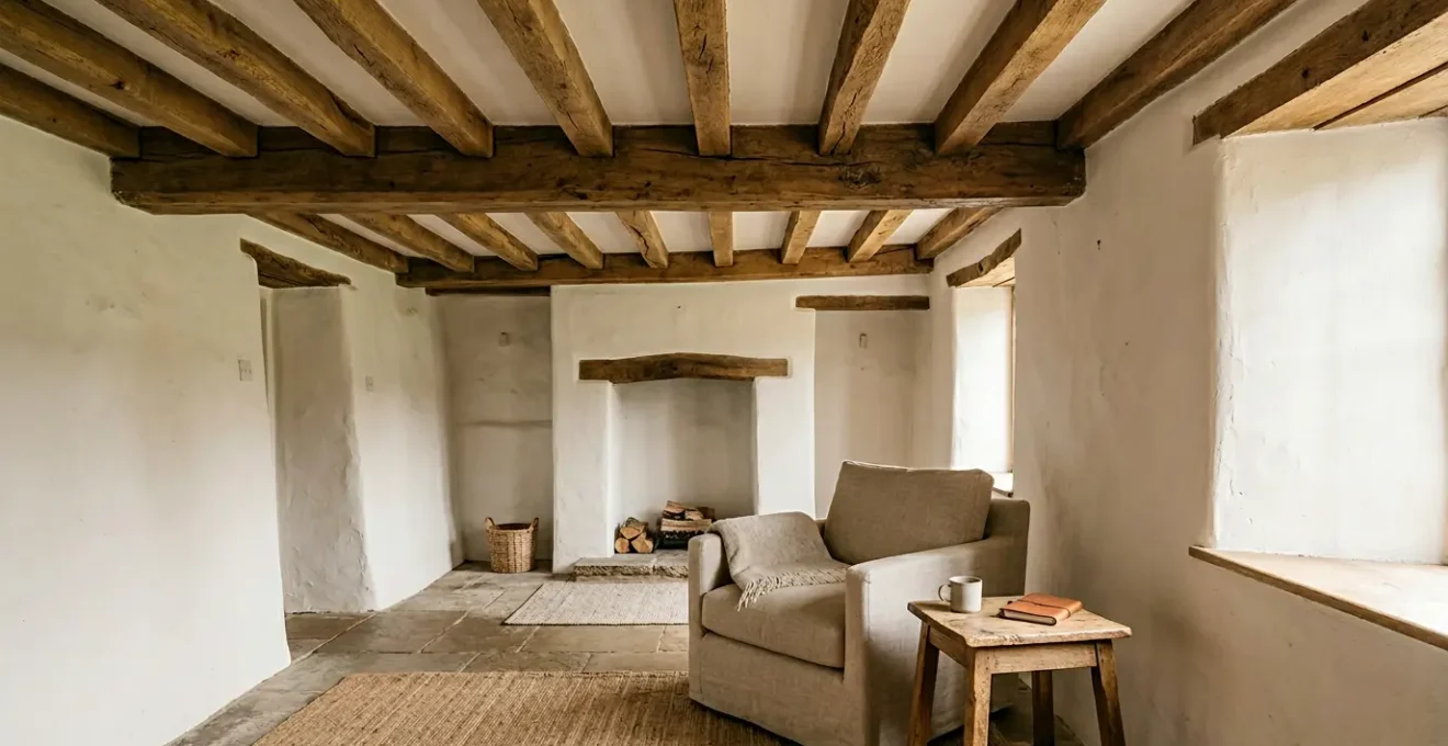 Low-ceilinged cottage interior with original exposed wooden ceiling beams highlighted by natural light streaming through windows