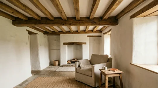 Low-ceilinged cottage interior with original exposed wooden ceiling beams highlighted by natural light streaming through windows