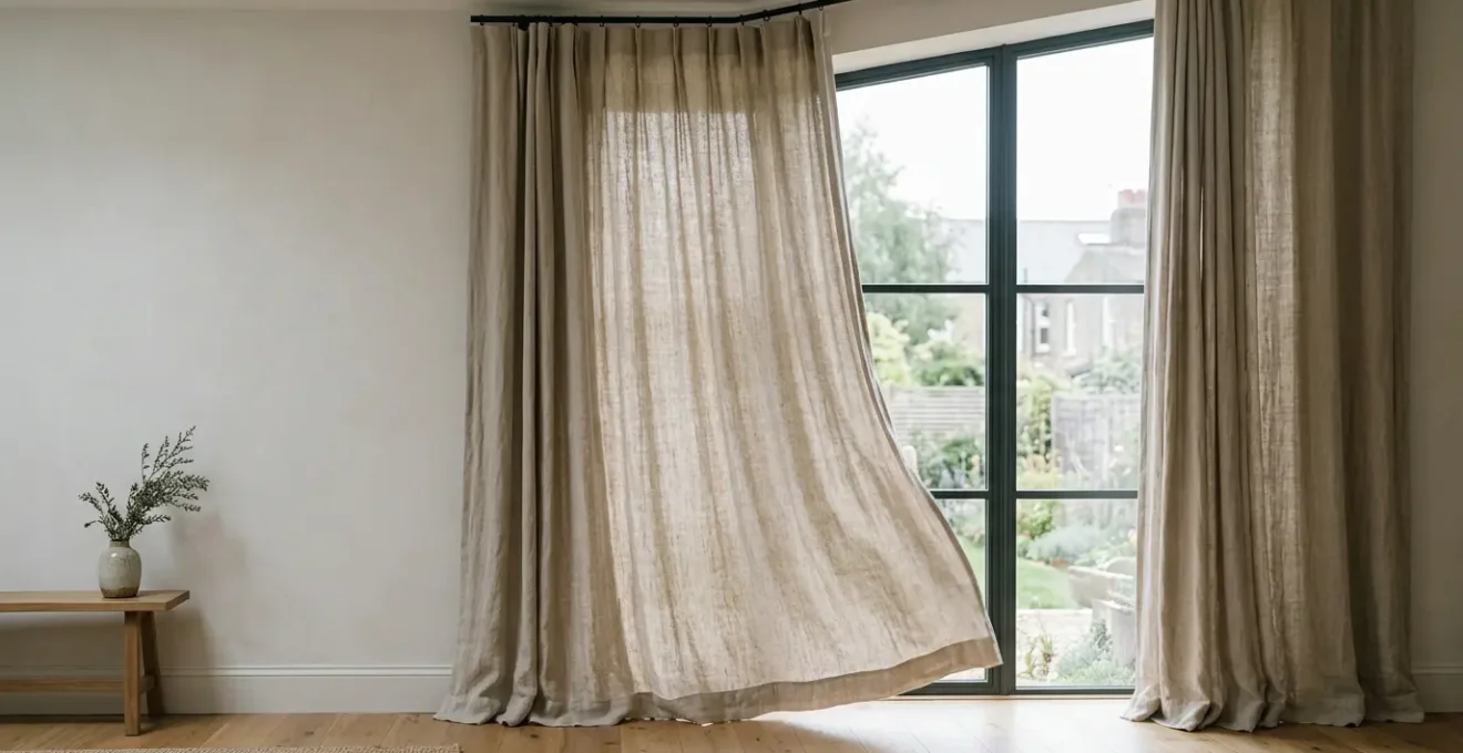 Elegant linen curtains hanging by a window with soft natural light filtering through the fabric, showcasing the natural texture and minimal wrinkles