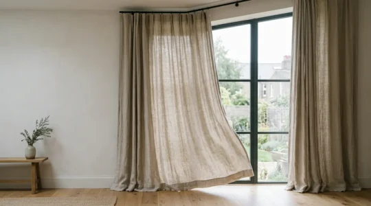 Elegant linen curtains hanging by a window with soft natural light filtering through the fabric, showcasing the natural texture and minimal wrinkles