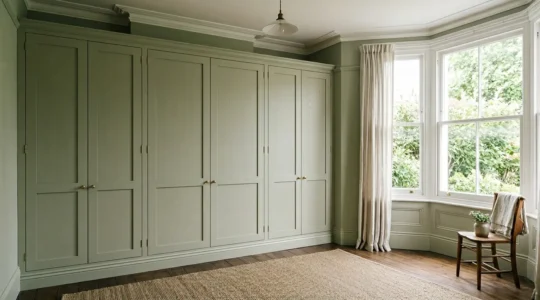 Elegant custom built-in wardrobe seamlessly integrated into a UK bedroom with traditional period features