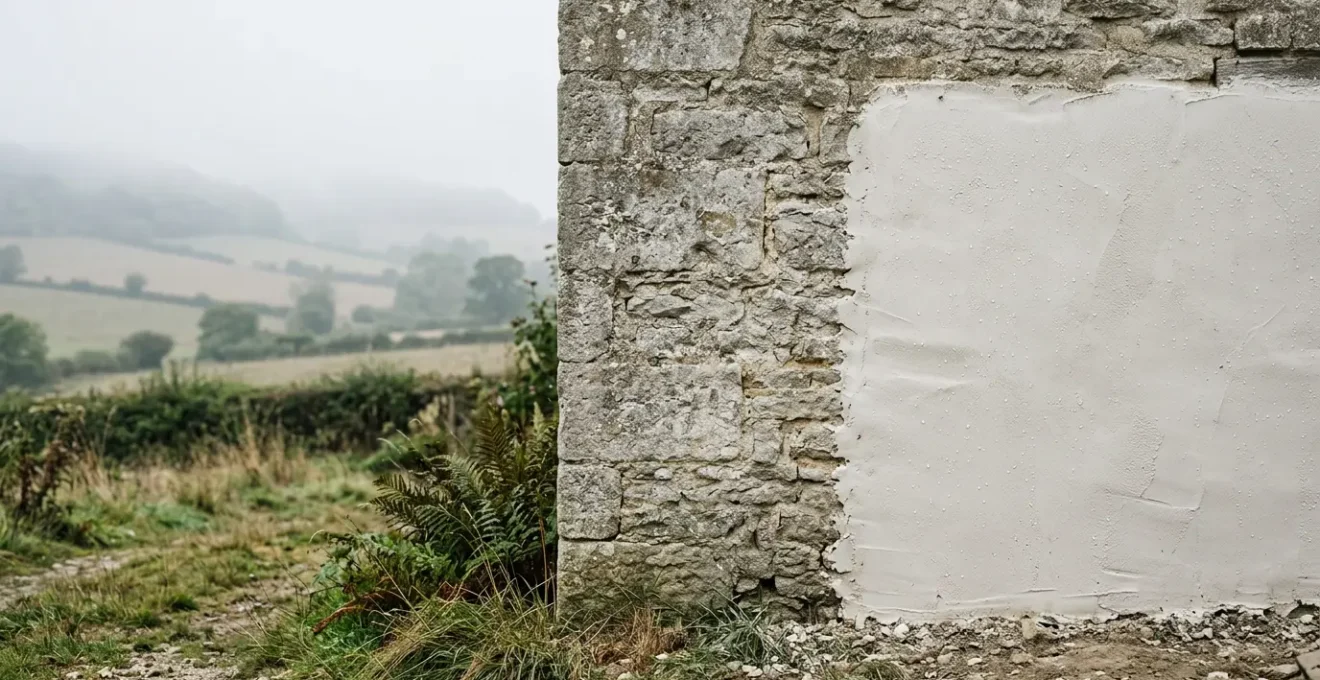 Traditional stone cottage wall with breathable lime plaster in humid conditions