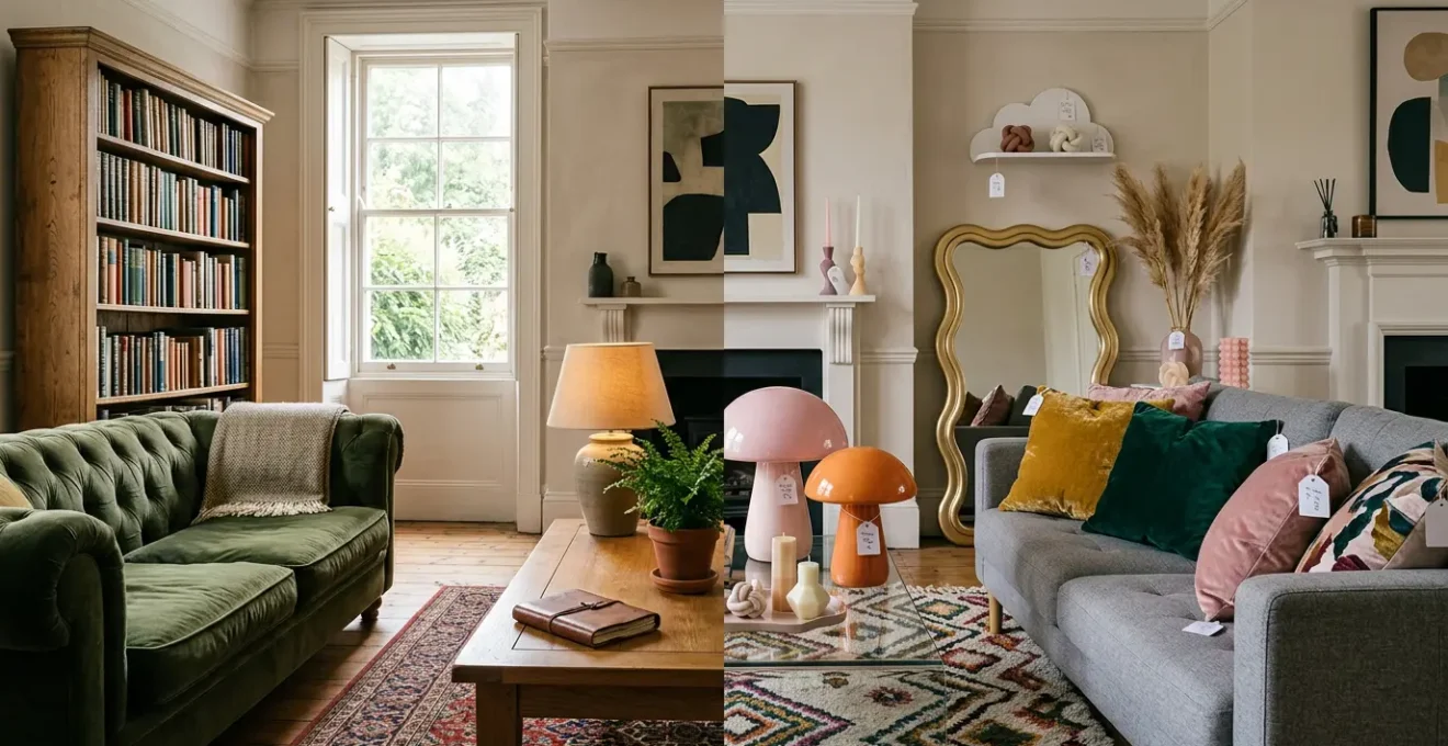 Modern living room showing contrast between timeless quality furniture and trendy disposable decor items highlighting the cost of following every trend