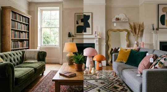 Modern living room showing contrast between timeless quality furniture and trendy disposable decor items highlighting the cost of following every trend