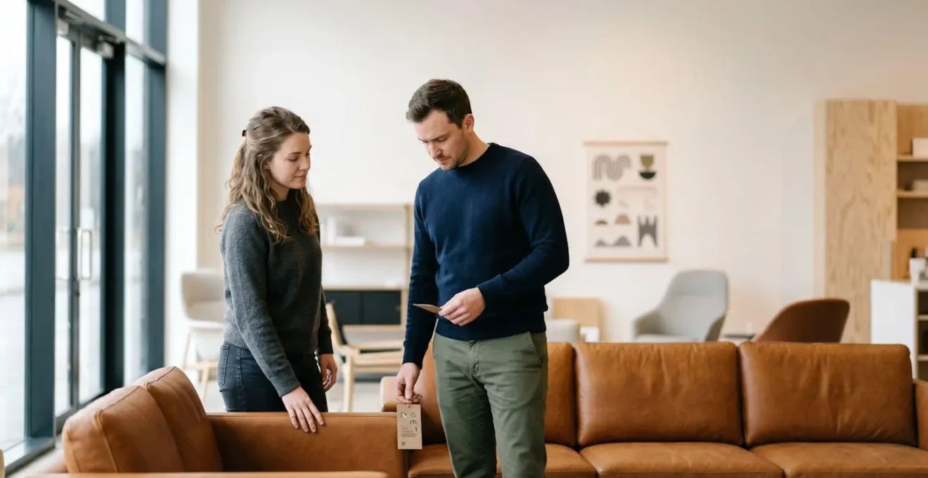 A thoughtful couple examining high-end designer sofa in contemporary showroom setting
