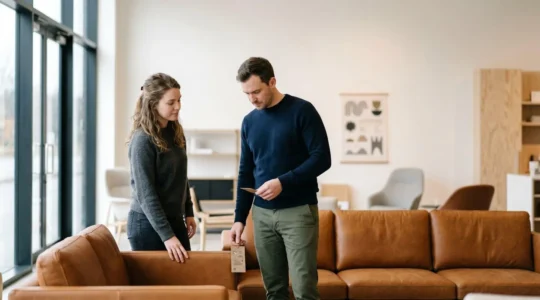 A thoughtful couple examining high-end designer sofa in contemporary showroom setting