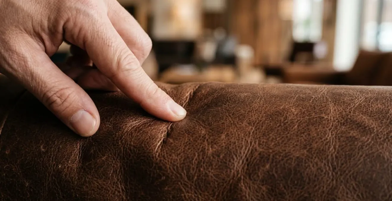 Close inspection of premium leather furniture grain texture in natural showroom lighting