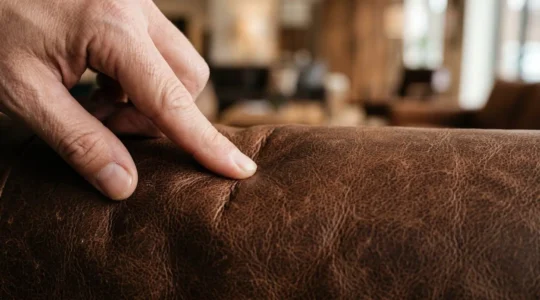 Close inspection of premium leather furniture grain texture in natural showroom lighting