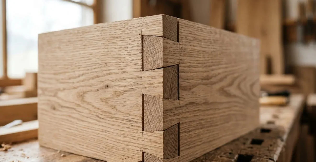 Close-up of hand-cut dovetail joinery in solid oak furniture drawer showcasing traditional craftsmanship