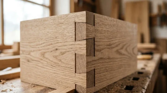 Close-up of hand-cut dovetail joinery in solid oak furniture drawer showcasing traditional craftsmanship