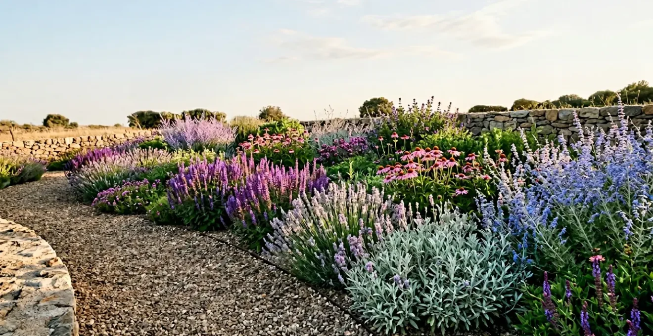 A vibrant summer garden with colourful drought-tolerant flowering plants thriving under bright sunlight