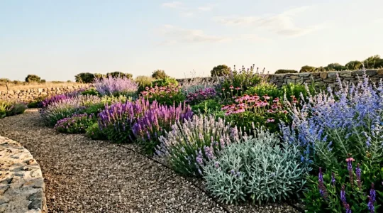 A vibrant summer garden with colourful drought-tolerant flowering plants thriving under bright sunlight