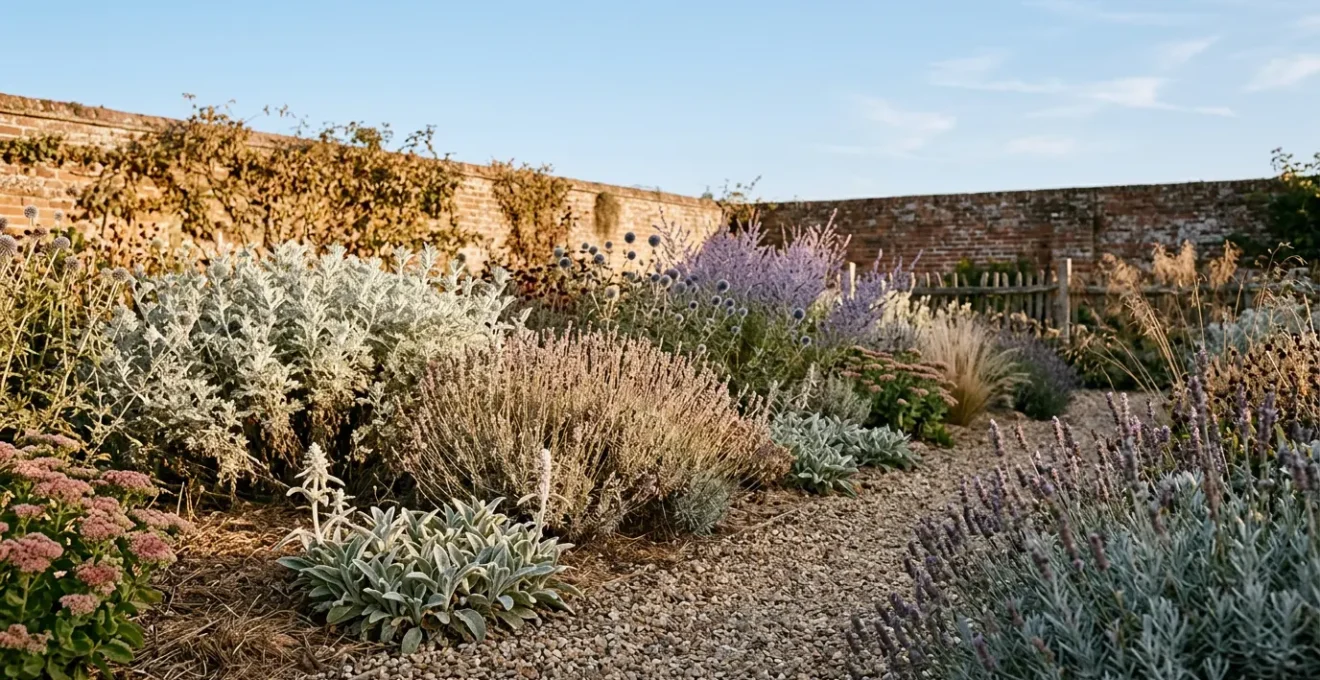 Vibrant drought-resistant perennial border with lavender and grasses thriving during dry UK summer