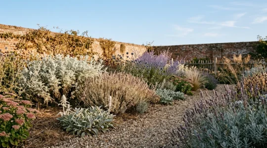 Vibrant drought-resistant perennial border with lavender and grasses thriving during dry UK summer