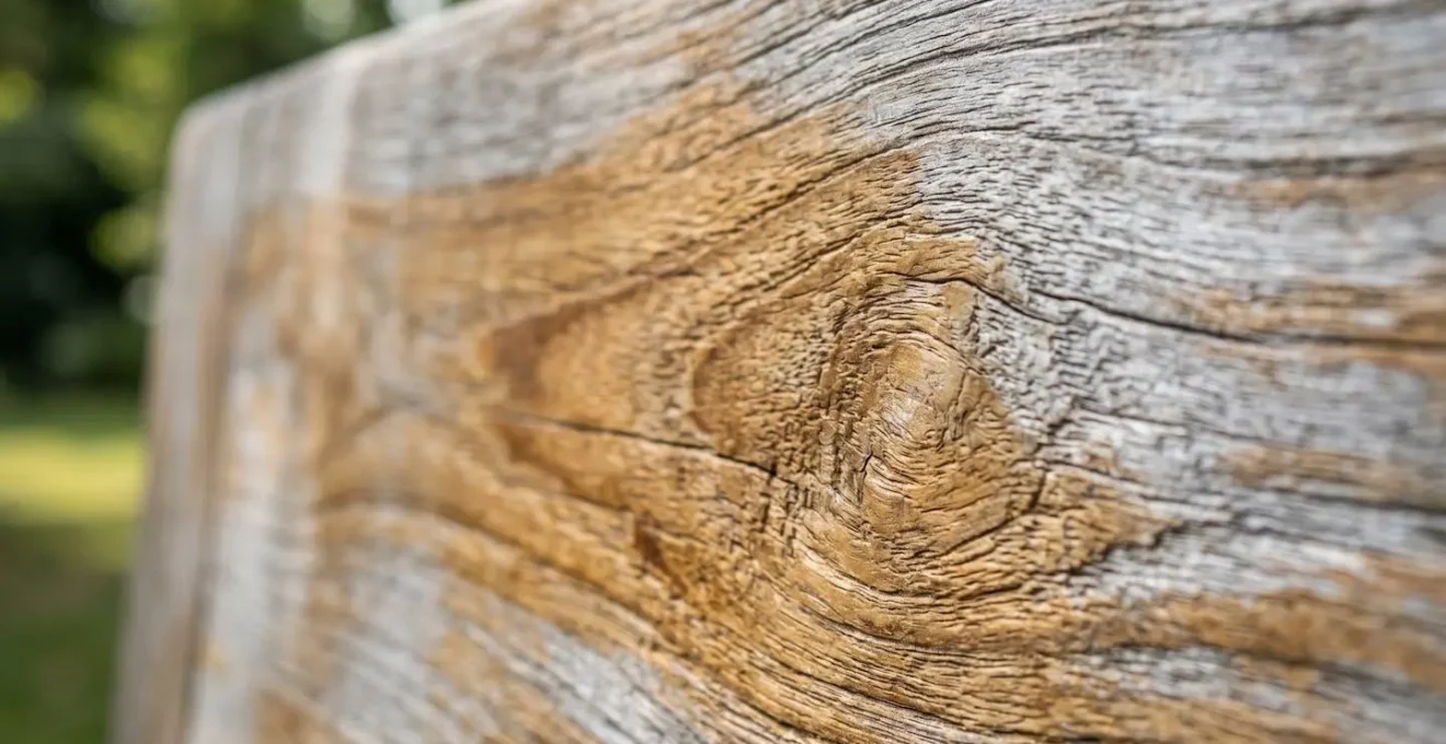 Close-up of FSC certification mark on premium teak outdoor furniture showcasing wood grain texture and natural patina