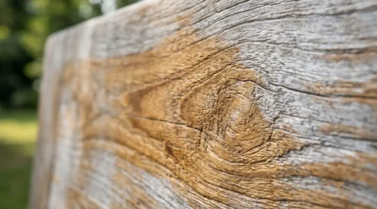 Close-up of FSC certification mark on premium teak outdoor furniture showcasing wood grain texture and natural patina