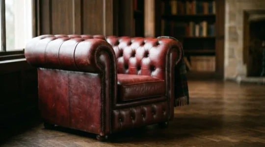 Close-up detail of hand-stitched leather seams on a traditional British upholstered armchair showing artisan craftsmanship