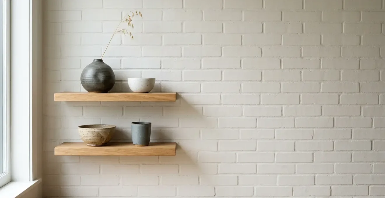 Artfully arranged hand-thrown ceramic pieces on natural wood shelf with intentional negative space