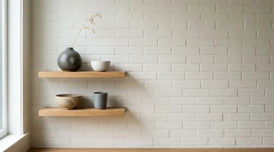 Artfully arranged hand-thrown ceramic pieces on natural wood shelf with intentional negative space