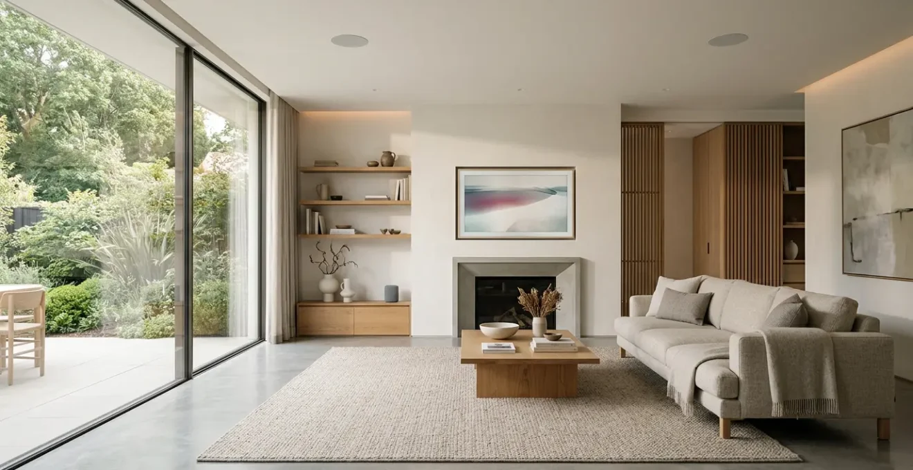Elegant minimalist living room with discreet smart home technology seamlessly integrated into clean contemporary decor