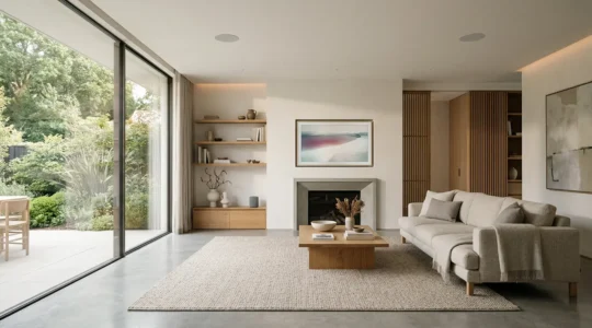 Elegant minimalist living room with discreet smart home technology seamlessly integrated into clean contemporary decor