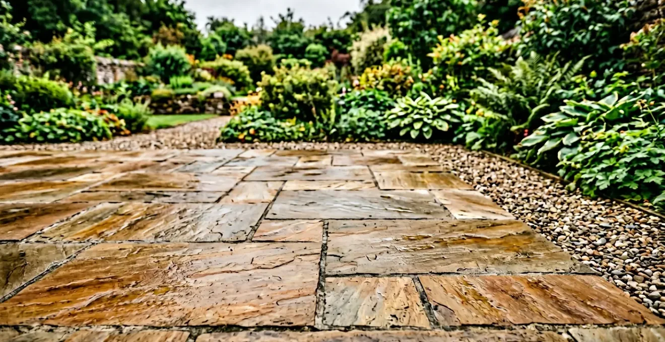 Weathered Indian sandstone patio surface showing natural texture and tones with subtle moisture effects under overcast British sky