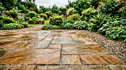 Weathered Indian sandstone patio surface showing natural texture and tones with subtle moisture effects under overcast British sky