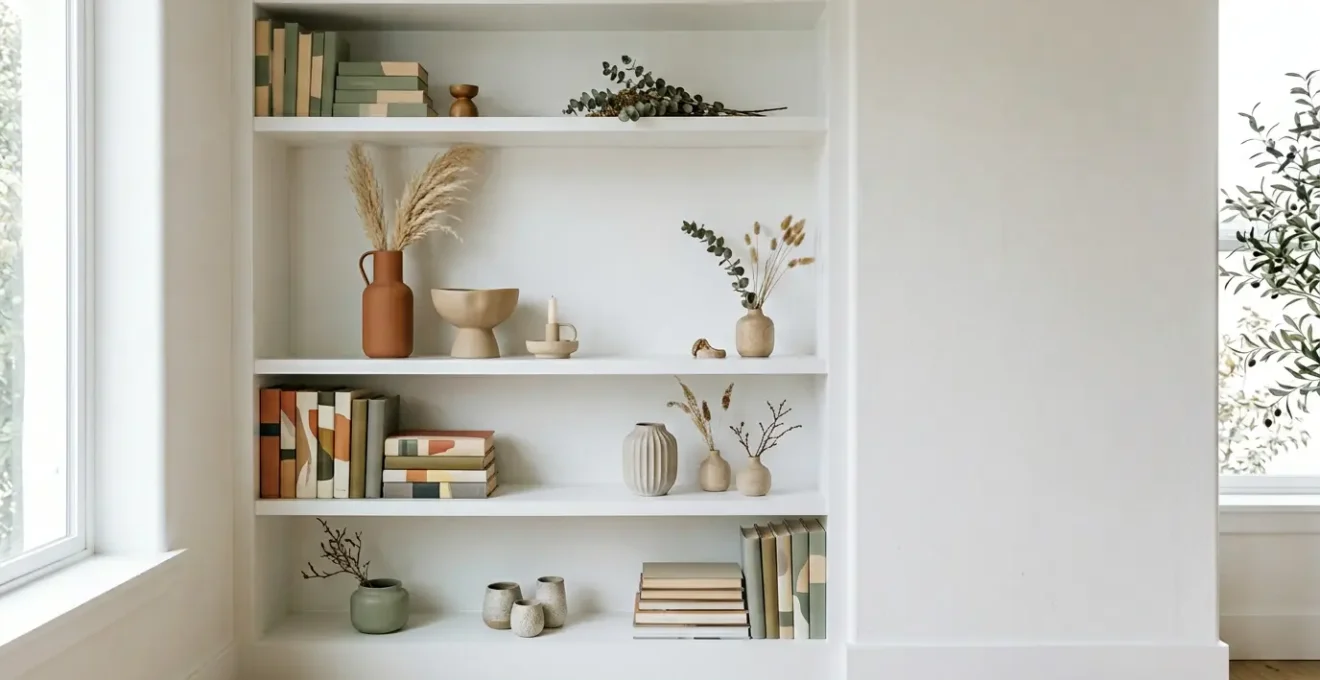 Curated shelf display with balanced composition showing grouped decorative objects in harmonious arrangement