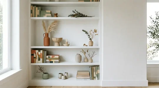 Curated shelf display with balanced composition showing grouped decorative objects in harmonious arrangement