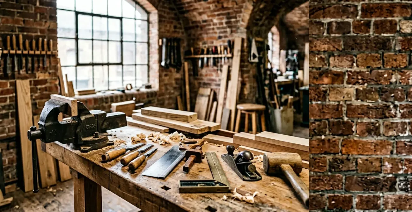 Wide workshop scene showing joinery tools and timber pieces arranged on a workbench with natural light from UK-style industrial windows