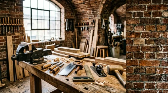 Wide workshop scene showing joinery tools and timber pieces arranged on a workbench with natural light from UK-style industrial windows