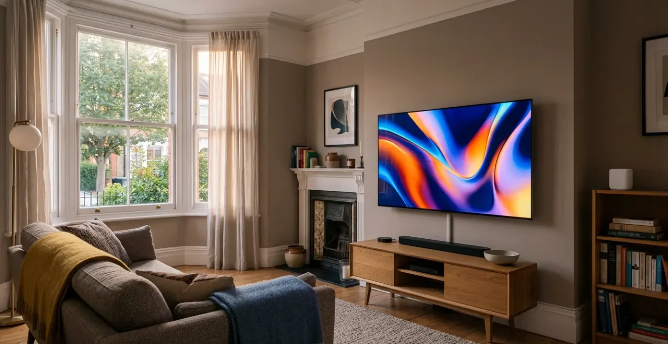 Modern UK living room with 4K television displaying vibrant HDR content during evening home entertainment
