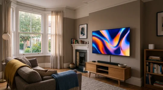 Modern UK living room with 4K television displaying vibrant HDR content during evening home entertainment