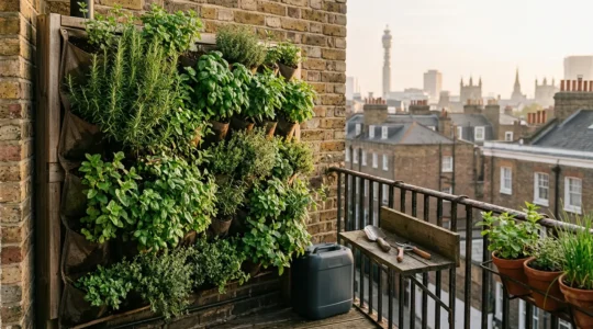 Vertical herb garden thriving on a compact London balcony with multiple herb varieties growing in modular panels