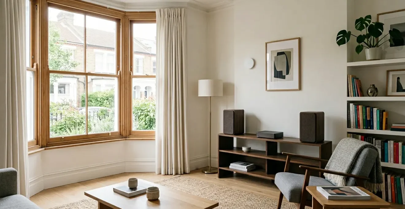 Modern UK home interior with high-fidelity audio equipment and network infrastructure for seamless music streaming