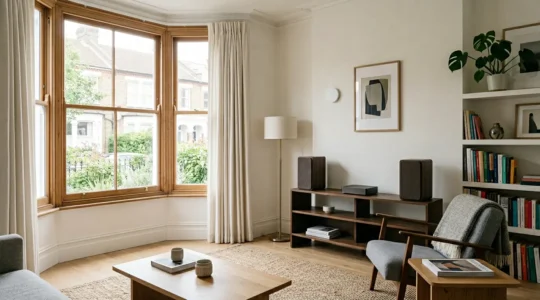Modern UK home interior with high-fidelity audio equipment and network infrastructure for seamless music streaming